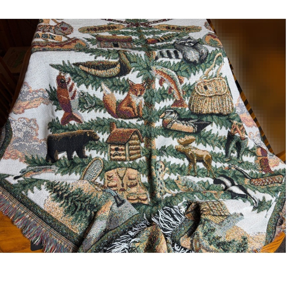 Vintage Woven Tapestry Throw Blanket-Lodge Cabin, Forest Animals, Nature Theme